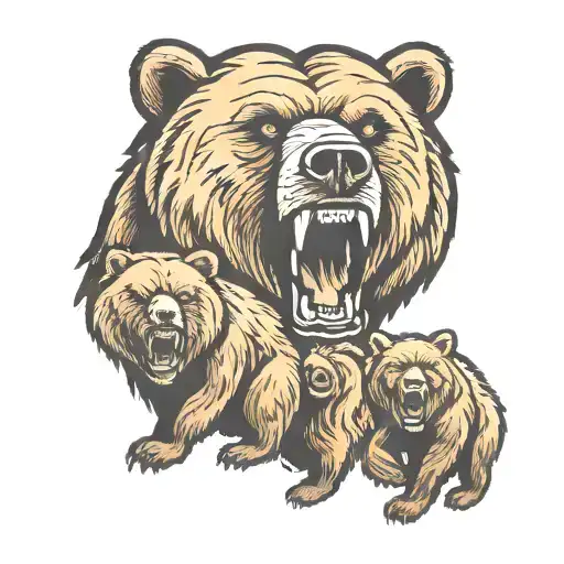 Angry Grizzly Bear With Cubs