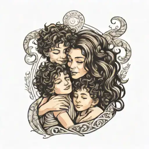 Mom With Long Dark Hair And Her Two Sons In Her Hug One With Curly Hair