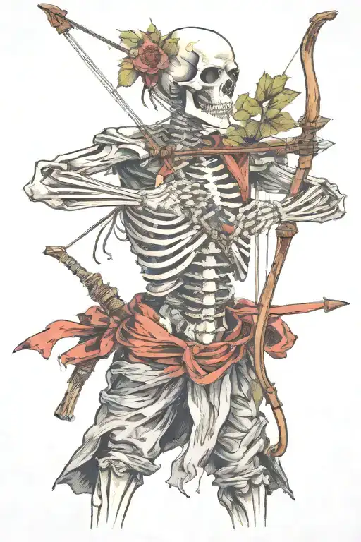 Standing Skeleton Archer Tattered Clothes Holding Bow Emphasis On The Bow