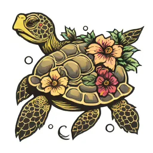 Full Moon And Turtle With Hibiscus Flower