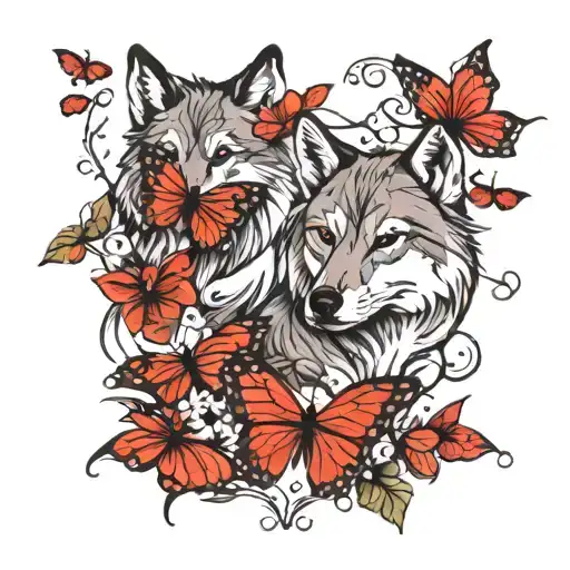 Red Butterflies With Wolf
