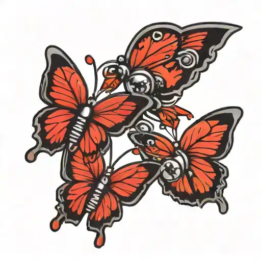 Red Butterflies With Dog Tag Hanging Off Wing Attached
