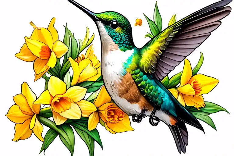 Hummingbird With Daffodil Flowers