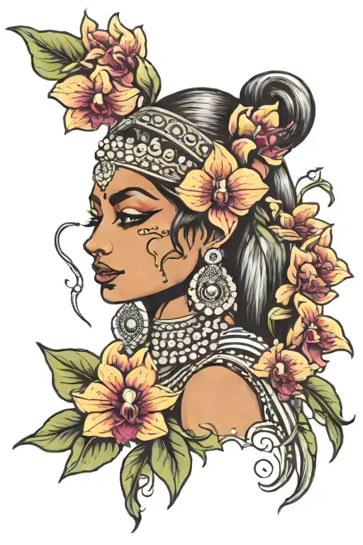 Indian Woman With Orchid Flowers