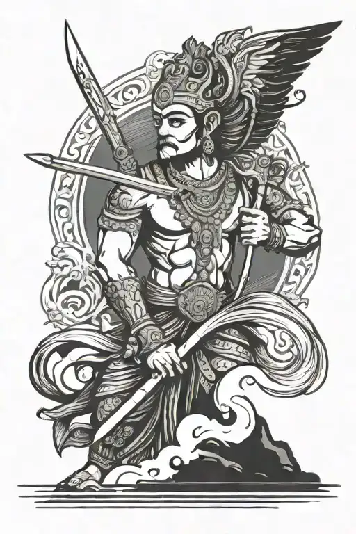 Lord Ram With Wings Holding Sword Staanding Calm Lake