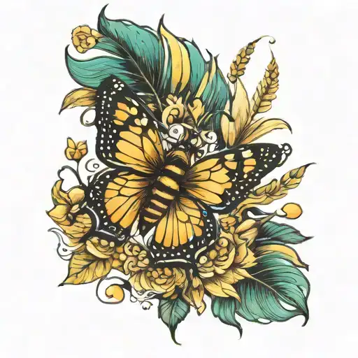 Bee Sunflower Peacock Feather Butterfly