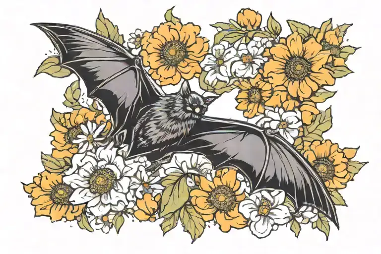 Bat With Marigolds And Cosmos Flowers