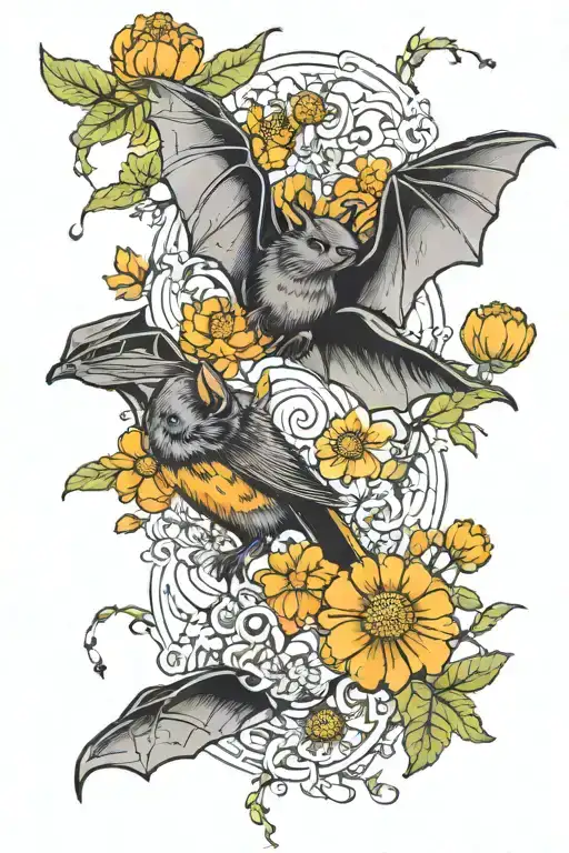 Bat With Marigolds And Cosmos Flowers