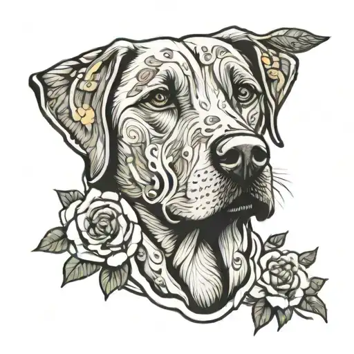 Labrador Dog Face With Flowers Behind Him