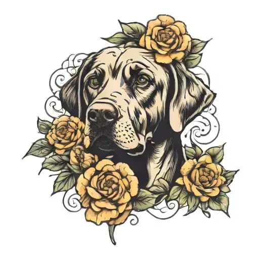 Labrador Dog Face With Flowers Behind It