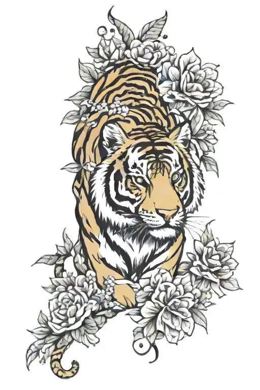 Tiger With Flowers Surrounding