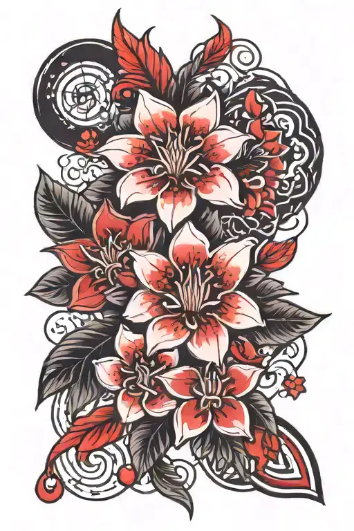 Red And Black Higanbana On The Forearm With Details Around