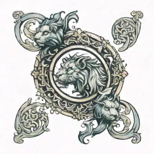 Tattoo Ancient Mirror With Lion Head And 2 Pisces Inside In Pool