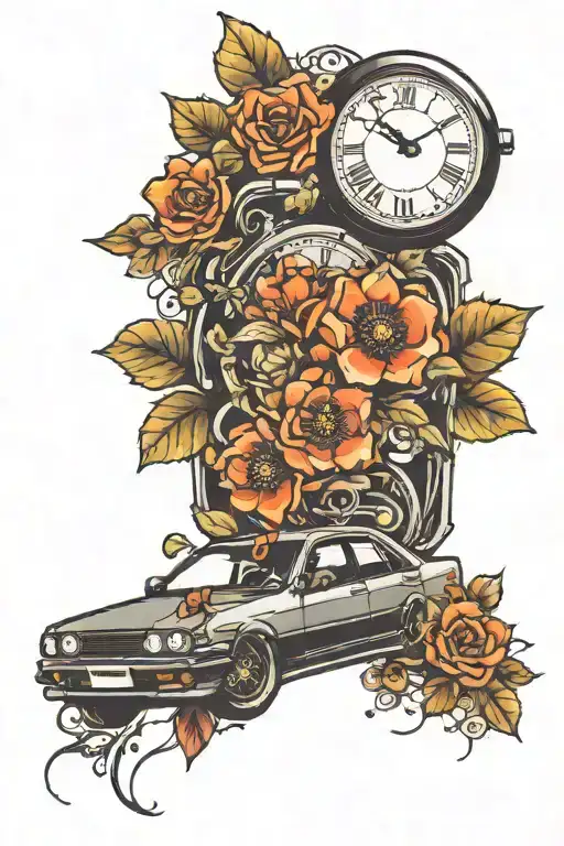 Jdm Car With Flowers And A Clock Face