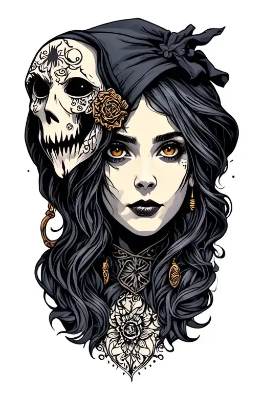 American Traditional Ranni The Witch From Elden Ring With Ghost Face Next To Her Face