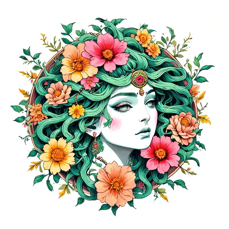 Medusa And Kali Combined In Round Frame Covered In Flowers