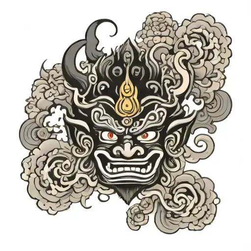 Black Colour Mahakala Face With Buddhism Style Cloud As A Background