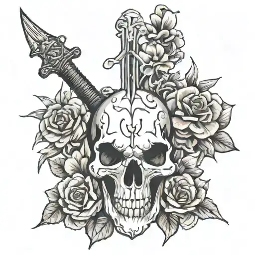 Animal Skull With Swords Going In And Flowers Growing Tattoo