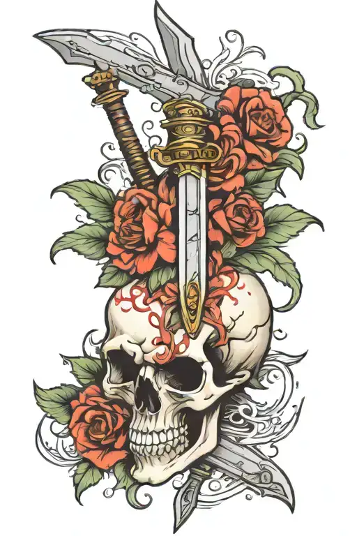 Animal Skull With Swords Going In And Flowers Growing