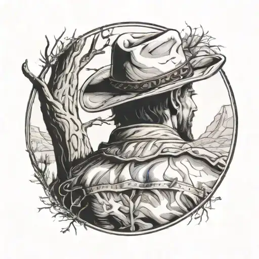 A Cowboy Sleeping Against A Tree With His Hat Over His Face