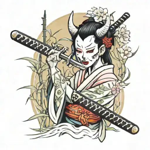 Hannya Mask On A Half-turned Girl In A Kimono With A Sword Against A Bamboo Background