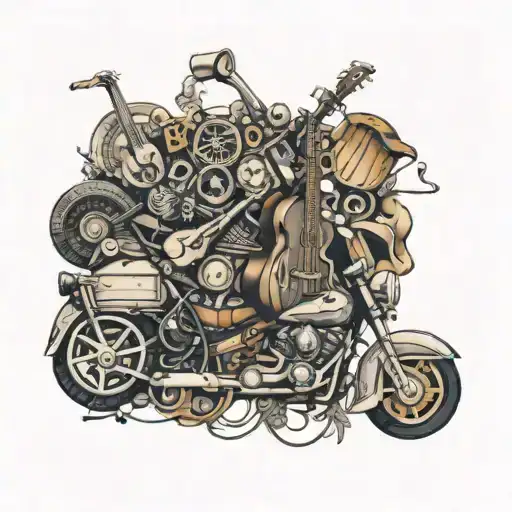 A Collage Of Different Musical Instruments And Motorcycle Parts Forming A Unique Design Tattoo