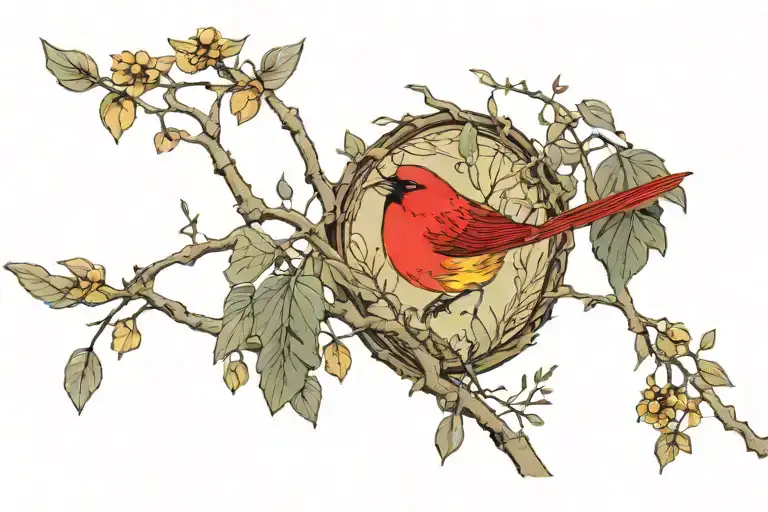 Small Red Bird With Yellow Highlights In Plumage Tucked Away Amongst Large Tree Branches