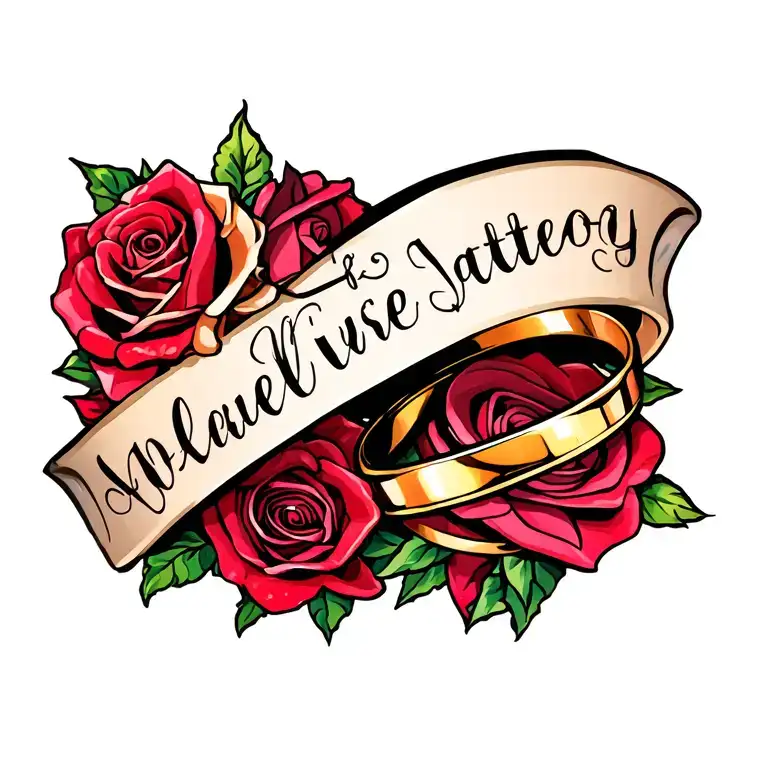 Chest Tattoo Featuring Name Wedding Rings And Roses And Heart