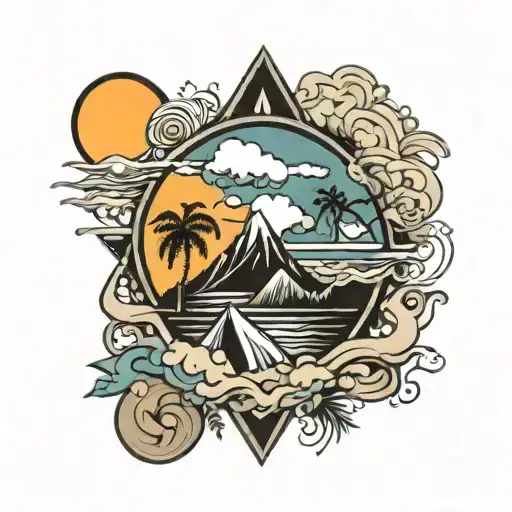 Black Tattoo Triangle Integrating Waves Palm Trees Mountains Sun