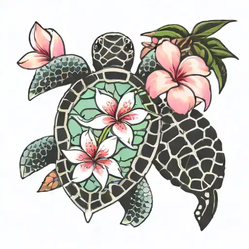 Plumeria And Sea Turtle And Pink Cancer Ribbon
