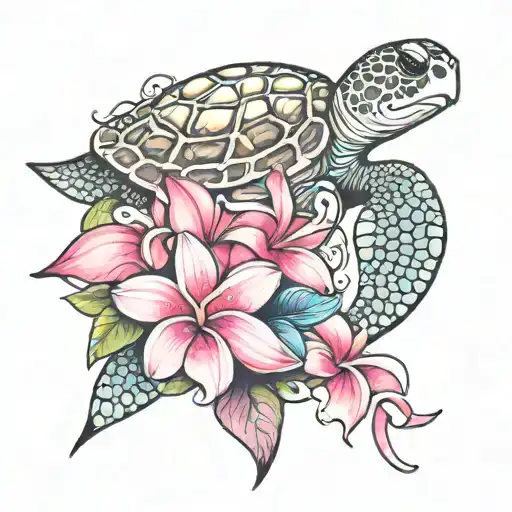Plumeria And Sea Turtle And Pink Cancer Ribbon