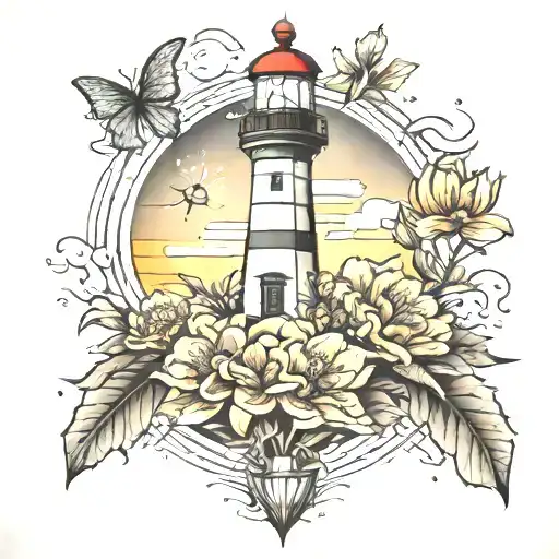 Lighthouse With Marigold And Cosmos