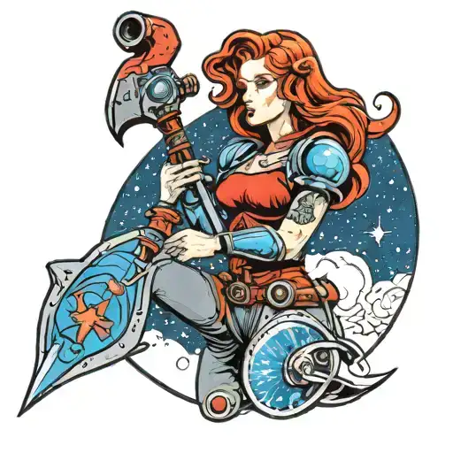 Red Head Lady In Space With Carpenter Hammer And Blue Sword