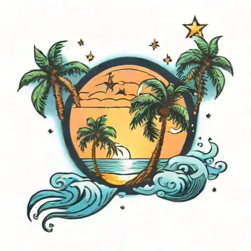 Palm Tress Sky With Stars Water