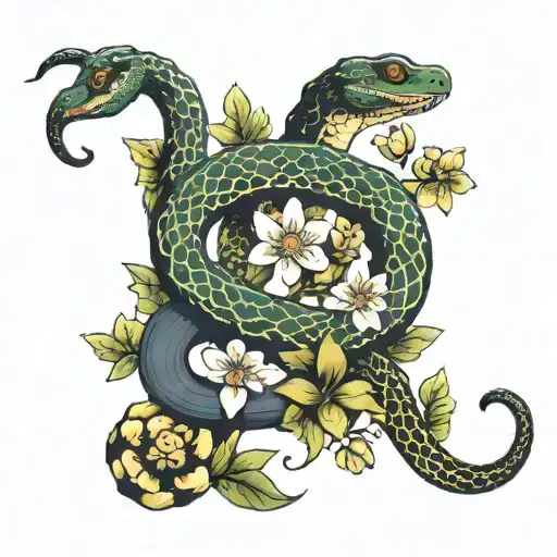 A Snake Crawls Out Of Flowers