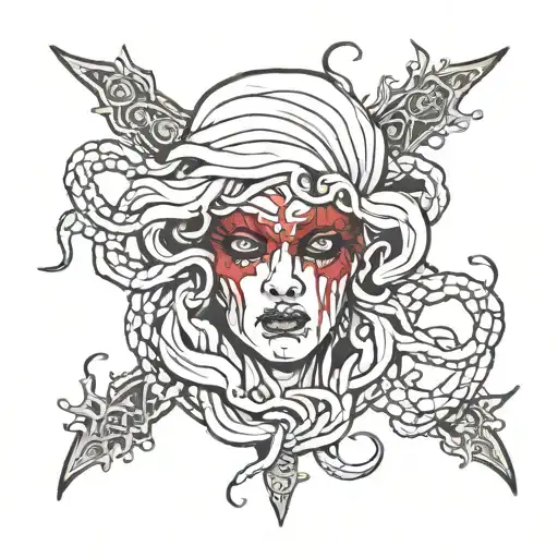 Severed Medusa Head With Bloody Bandaged Eyes Neo Traditional Style