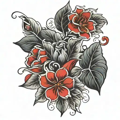Shoulder Red Flower Large Black Leaves