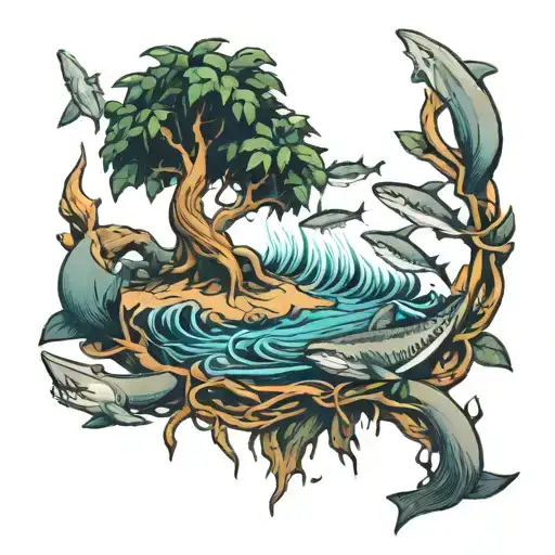 A Money Tree With Roots Being Ocean Water With Sharks