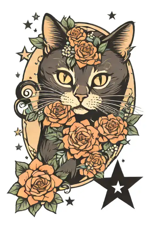 Flowers And Cat And Stars Moon