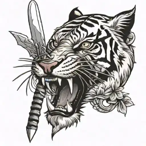 Black And White Tiger Biting A Sword