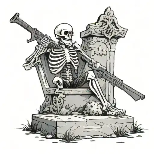 Skeleton Puts Down His Rifle In Front Of A Grave Stone