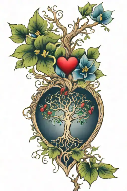 Tree Of Life Intertwined With Larkspur And Waterlilies Heart Shape