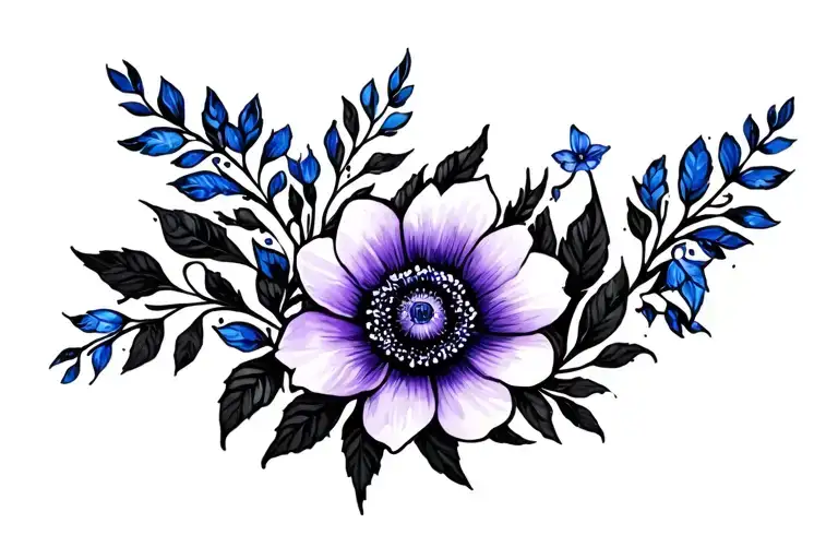 Purple Flower On Left Blue Flower On Right With Black Leaves All The Way Around