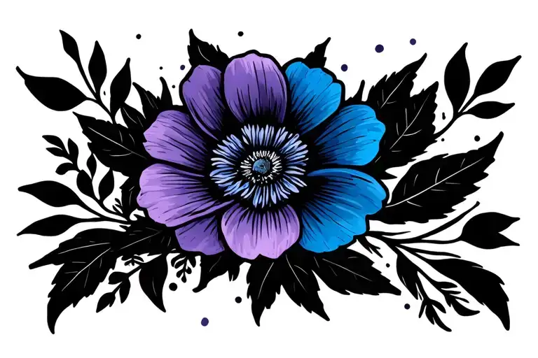 Purple Flower On Left Blue Flower On Right With Black Leaves All The Way Around