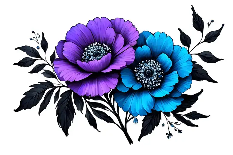 Purple Flower On Left Blue Flower On Right With Black Leaves All The Way Around