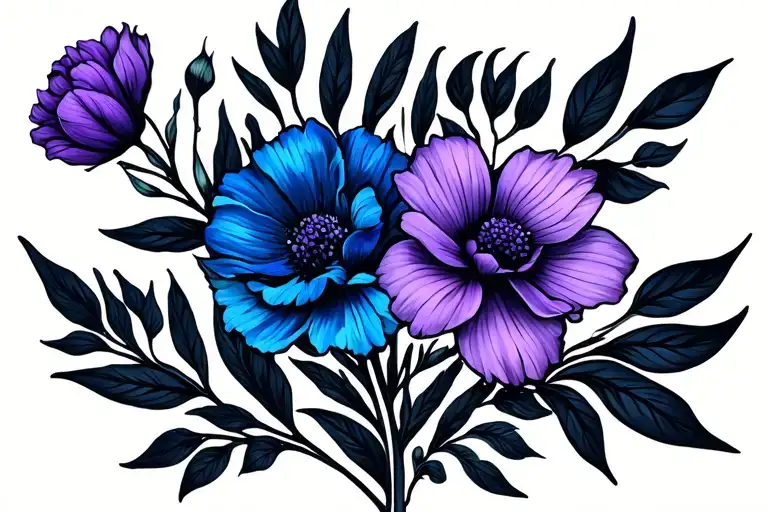 Purple Flower On Left Blue Flower On Right With Black Leaves All The Way Around