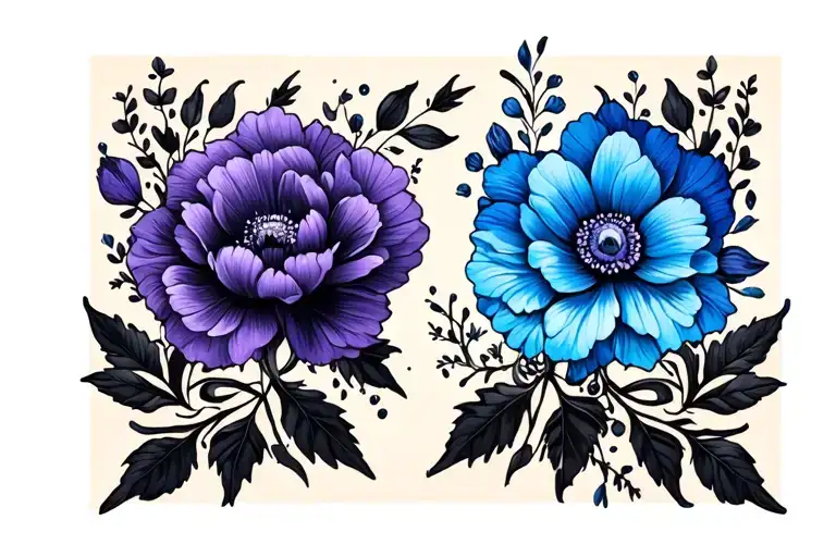 Purple Flower On Left Blue Flower On Right With Black Leaves All The Way Around