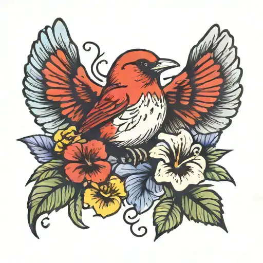 Little Red Bird And Pansy Flowers
