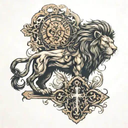 A Cross And A Lion Surrounded