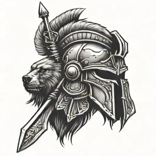 Spartan Helmet With A Spear Next To A Bear